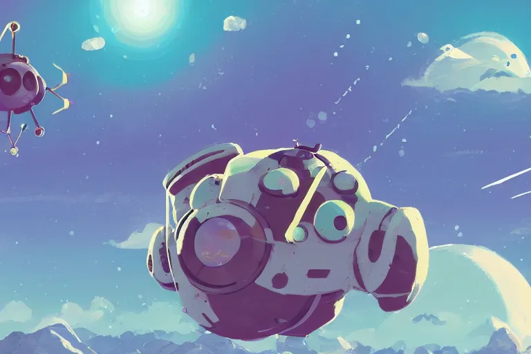 Prompt: computer game art, a flying buddy robot nearby, a small planet in the future, a Tinker's shack on a barren planet, wild berry vines, a berry farm, space junk, volcanoes, in the style of studio ghibli and No Man's Sky and Breath of the Wild