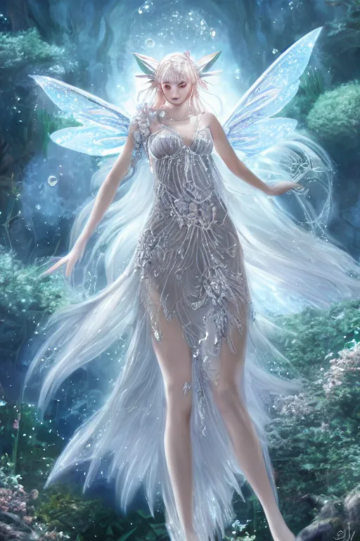 Prompt: a moon fairy dressed in intricate silver clothing surrounded by water particles above a serene pond, fantasy, wlop, trending on artstation, deviantart, anime key visual, official media, professional art, 8 k uhd