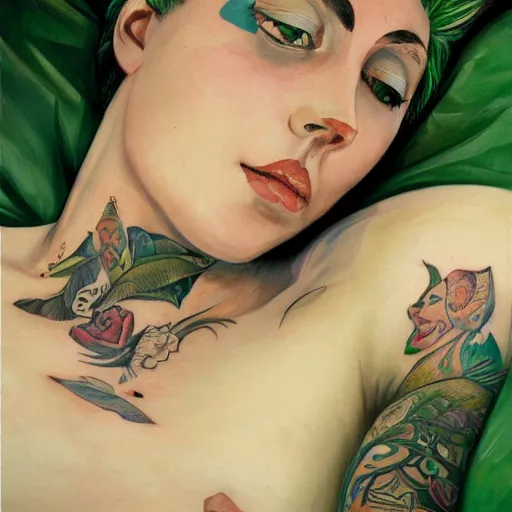 Prompt: tattoed woman with green mohawk laying in bed, intricate, elegant, highly detailed, oil canvas, symmetrical face, by gustave courbet, trending on artstation