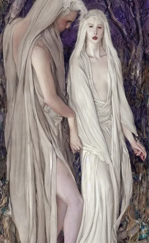 Image similar to angelic beauty with silver hair so pale and wan! and thin!?, flowing robes, covered in robes, lone pale wan fair skinned goddess, wearing robes of silver, flowing, pale skin, young cute face, covered!!, clothed!! oil on canvas, style of lucien levy - dhurmer and jean deville, 4 k resolution, aesthetic!, mystery