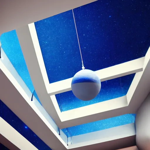 Prompt: planet ceiling mobile hanging from a blue room as seen from a low perspective, phong shading