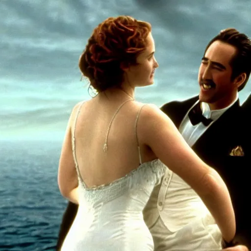 Prompt: a frame from the movie titanic starring nicholas cage, highly detailed, crisp photo
