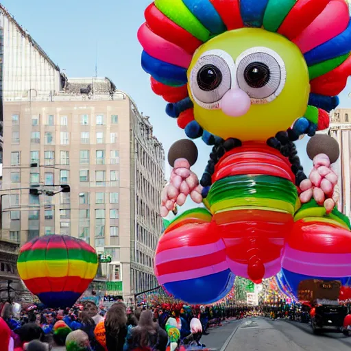 Prompt: a strange, segmented creature with 1 eye, an afro hair, and rainbow segments, macy's parade balloon
