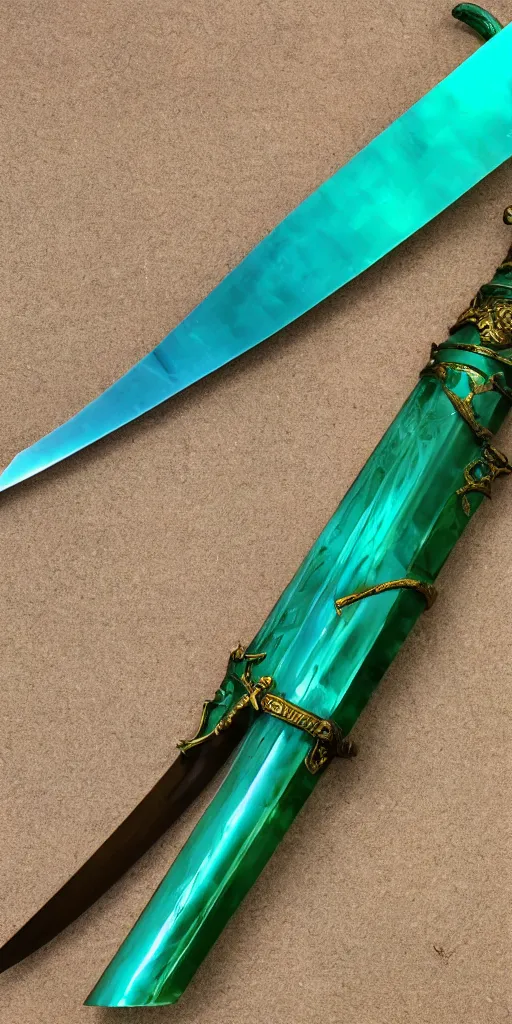 Image similar to photograph of a wide green and teal crystal sword blade attached to a big gold sword hilt