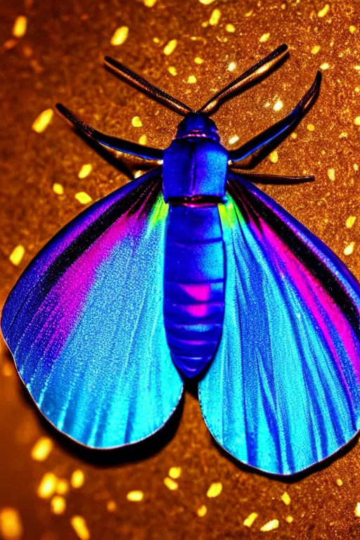 Image similar to high quality macro photo silky iridescent moth! jewelled gorgeous! highly detailed david ligare elson peter cinematic blue neon lighting high quality low angle hd 8k sharp shallow depth of field