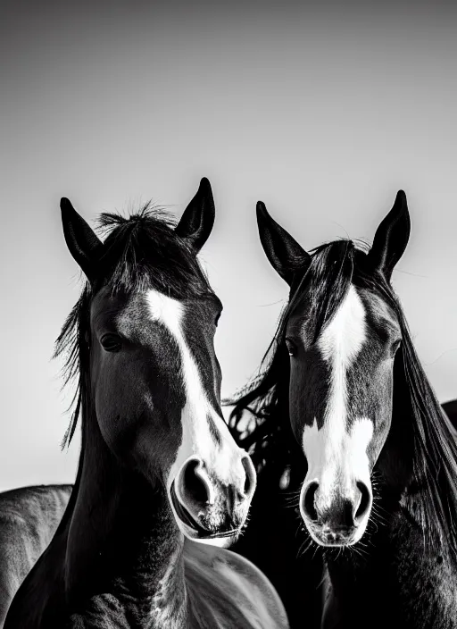 Prompt: two horses black and white portrait white sky in background