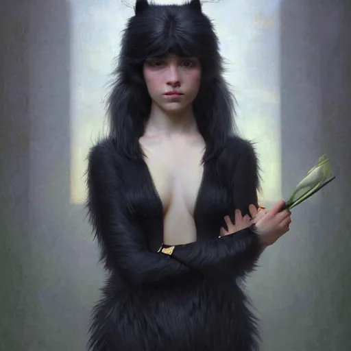 Prompt: portrait of a skunk girl, furry body, full body, intricate, elegant, highly detailed, digital painting, artstation, concept art, smooth, sharp focus, illustration, art by artgerm and greg rutkowski and alphonse mucha and william - adolphe bouguereau