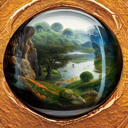 Prompt: a deep stone bowl containing a miniature landscape, surrealism, photorealistic, river and trees and hills, extremely detailed, by clara peeters and rob gonsalves and caspar david friedrich