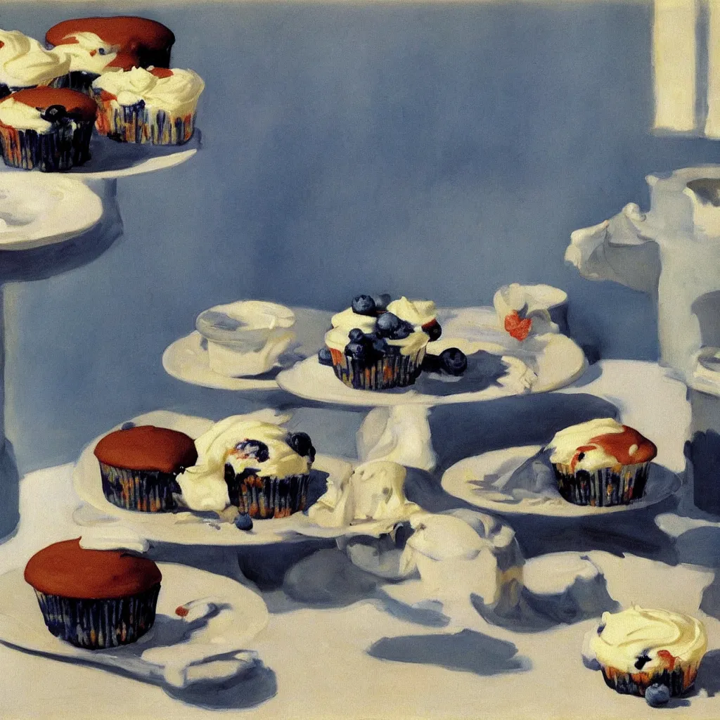 Image similar to painting of blueberry cupcakes with creme topping by Edward Hopper
