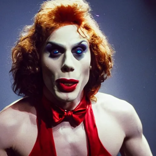 Image similar to Live Action Still of Jerma in The Rocky Horror Picture Show, real life, hyperrealistic, ultra realistic, realistic, highly detailed, epic, HD quality, 8k resolution, body and headshot, film still