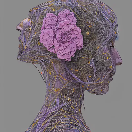 Image similar to the head of an incredibly elegant and beautiful woman partially made of potatoes and violets, an ultrafine detailed illustration by james jean, final fantasy, intricate linework, bright colors, behance contest winner, vanitas, angular, altermodern, unreal engine 5 highly rendered, global illumination, radiant light, detailed and intricate environment