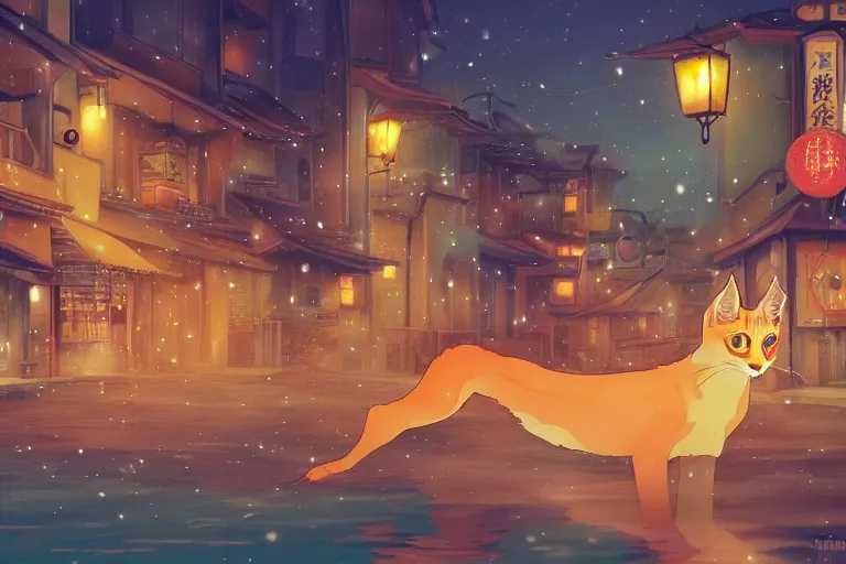 Image similar to fantasy art of glowing cute caracal swimming in the air, in the streets of a japanese town at night, with people watching in wonder, in the style of ponyo, highly detailed digital art, trending on artstation