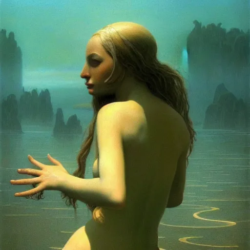 Image similar to beautifull goddess venus going out of water, ellegant, attractive, great space, epic composition, 8 k, by zdzisław beksinski, beautifull cinematic light