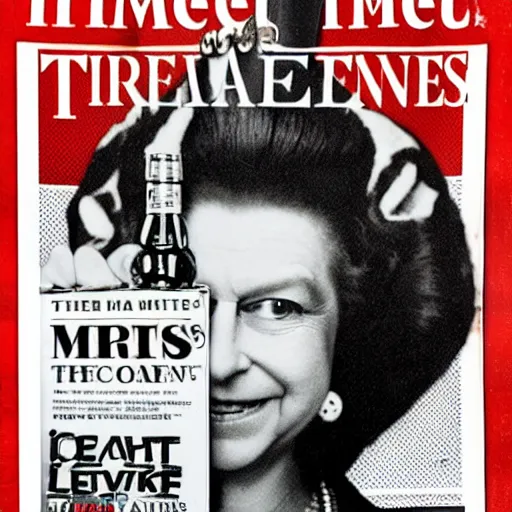 Prompt: A photo of Queen Elizabeth wearing a punk leather jacket, she holds a Jack Daniels bottle in her hand, Times Magazine cover