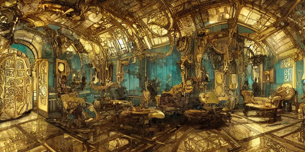 Prompt: a photo of a concept architecture art house steampunk living room, style brutalism, gold and black turquoise ratio, extremely detailed, sharp focus, wide view, smooth, digital illustration, colorfull, by william turner, by alphonse mucha