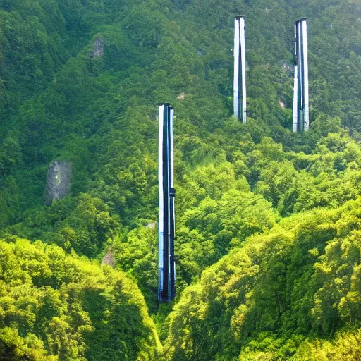 Prompt: vertical farm towers and sci - fi containment building in a steep sided valley with trees, a sense of hope, high res, 4 k, in the style of edouard groult