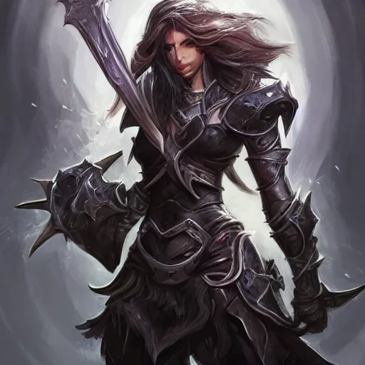 Image similar to a beautiful woman warrior long hair. wearing black leather armor. holding a spoon. league of legend concept art champion. dogital art. award winning high definition