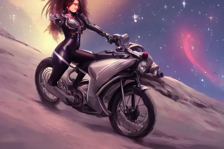 Image similar to a girl is riding a motorbike, the space background, digital painting by artgerm hyperdetailed trending on artstation trending on deviantart