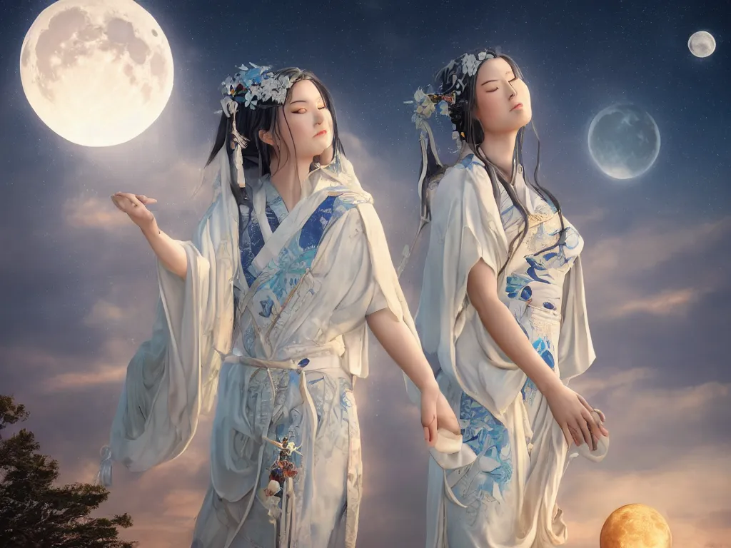 Prompt: Beautiful goddess of the moon, Kaguya, in front of giant moon, traditional white kimono, mystic, mist, gemstone, artefact, runes, medieval, forest, sunset, dolphins on the horizon, cinematic, high quality, cgsociety, artgerm, 4K, UHD, trending on ArtStation