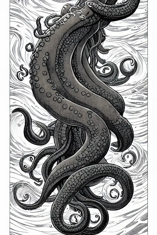 Image similar to comic cover art of a giant kraken sea monster emerging from a stormy sea, by jenny frison and sana takeda, intricate details, stunning inking lines, flat colors, 4 k, hd, artstation