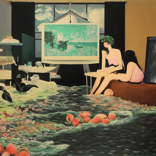 Image similar to female emo art student in her lounge room, painting of flood waters inside an artist's loungeroom, a river flooding indoors, pomegranates, pigs, ikebana, water, octopus, river, rapids, waterfall, black swans, canoe, berries, acrylic on canvas, surrealist, by magritte and monet