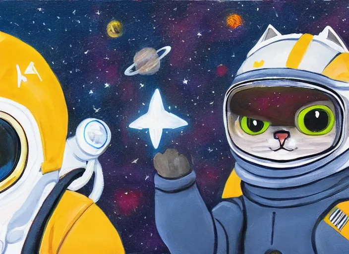 Prompt: painting of a cat dressed as an astronaut with helmet, cute, calico, stars, galaxies, planets, moons, space walk, overwatch, winston, stuido ghibli, kotaro mori