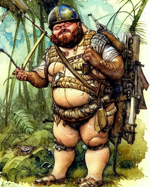 Image similar to a realistic and atmospheric watercolour fantasy character concept art portrait of a fat adorable chibi bulldog roman soldier with body armor in the jungle, by rebecca guay, michael kaluta, charles vess and jean moebius giraud