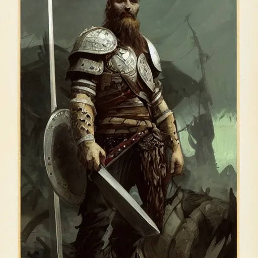 Image similar to rough-skinned, short-bearded undead Viking warrior with ice-pale skin wearing brutalist plate armor with art deco knotwork, by Greg Rutkowski, Brom, and Alphonse Mucha