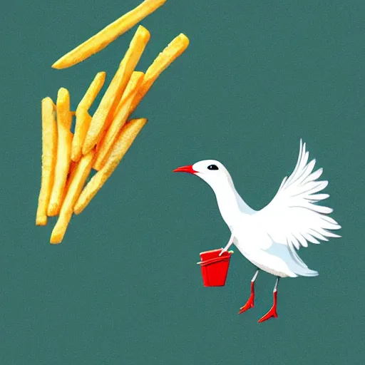 Prompt: A flying arctic tern holding french fries, illustration, storybook, Artstation