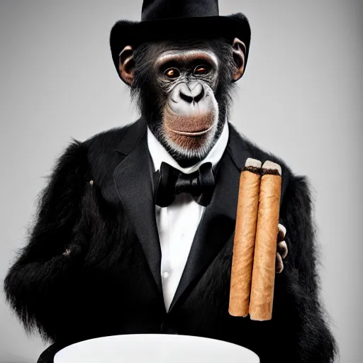 Image similar to A photograph of a chimp godfather, wearing a tuxedo, smoking cigar, dark background, studio lighting