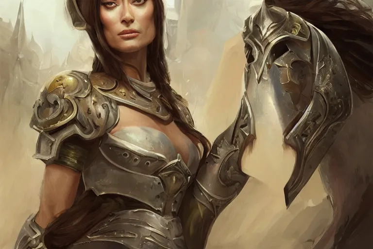 Prompt: a professional painting of Olivia Wilde clothed in military armor, olive skin, long dark hair, beautiful bone structure, symmetrical facial features, intricate, elegant, digital painting, concept art, smooth, sharp focus, illustration, from WarCraft by Ruan Jia and Mandy Jurgens and Artgerm and William-Adolphe Bouguerea