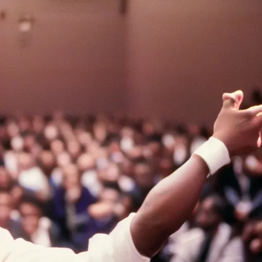 Image similar to cinematic still of Michael Jackson preaching at a Baptist Church in Atlanta in 1989, close up, shallow depth of field, cinematic