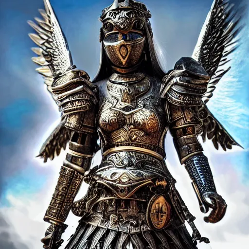 Image similar to beautiful angel warrior with ornate armour, highly detailed, 4k, HDR, smooth, sharp focus, hyper realistic, high resolution, award-winning photo