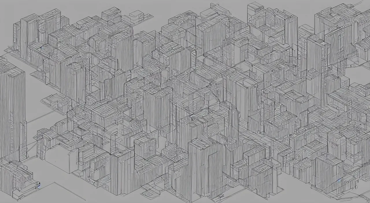 Prompt: exploded axon schematic drawinf of a typical city block, in vector drawing style of peter eisenman