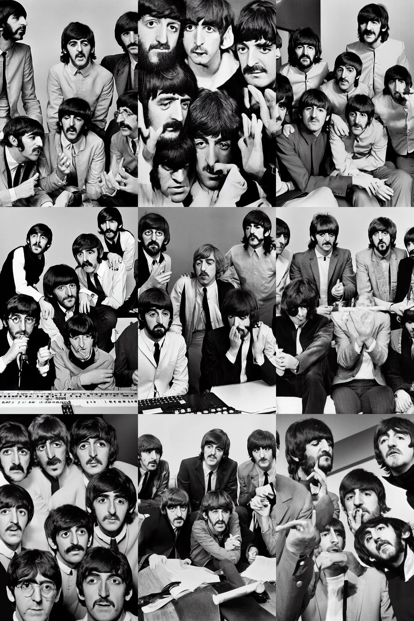 Prompt: the beatles on magic mushrooms looking confused at the apple studios