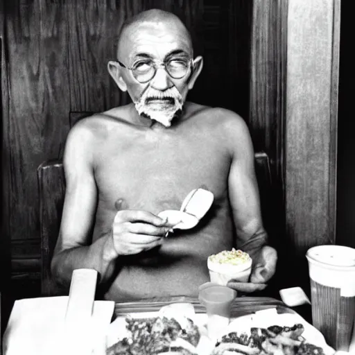 Image similar to Ghandi Chowing down on a feast in mcdonalds