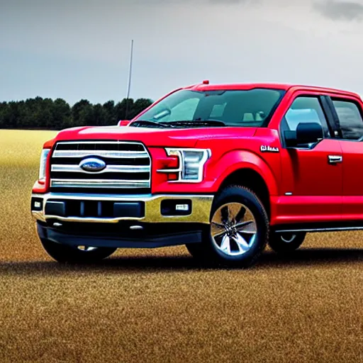 Image similar to A photograph of a red Ford F-150 pickup truck (2018) in a farm field, photo taken in 2018