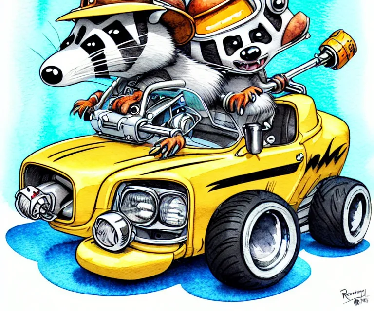 Image similar to cute and funny, racoon wearing a helmet riding in a tiny hot rod with oversized engine, ratfink style by ed roth, centered award winning watercolor pen illustration, isometric illustration by raymond edmonds, edited by range murata, tiny details by artgerm, symmetrically isometrically centered