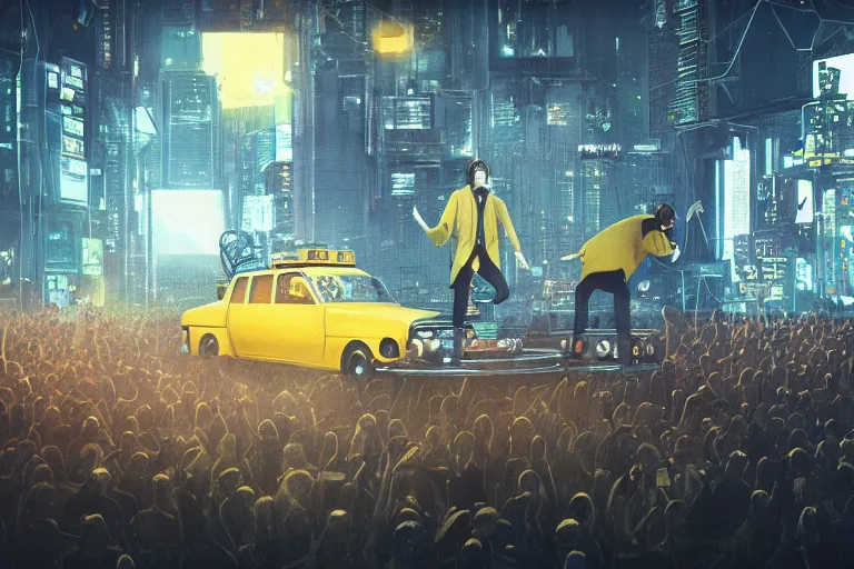 Prompt: the beatles performing on a yellow spaceship, cyberpunk art by mike winkelmann, trending on cgsociety, retrofuturism, reimagined by industrial light and magic, darksynth, sci - fi