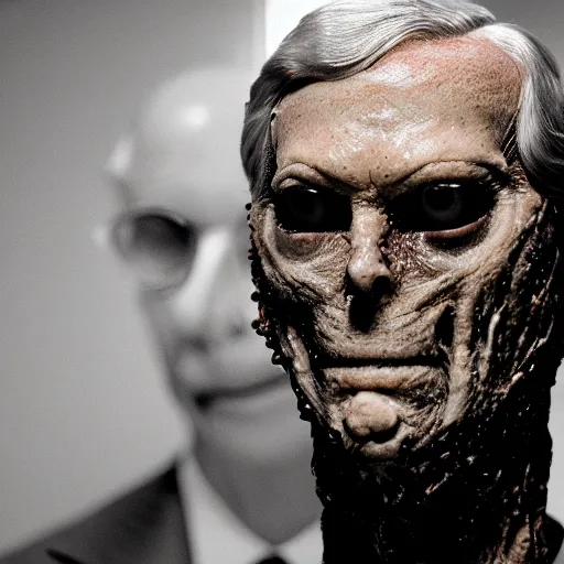 Image similar to the melting slimy face of villain mitch mcconnell horror flesh monster. horror film production photograph.