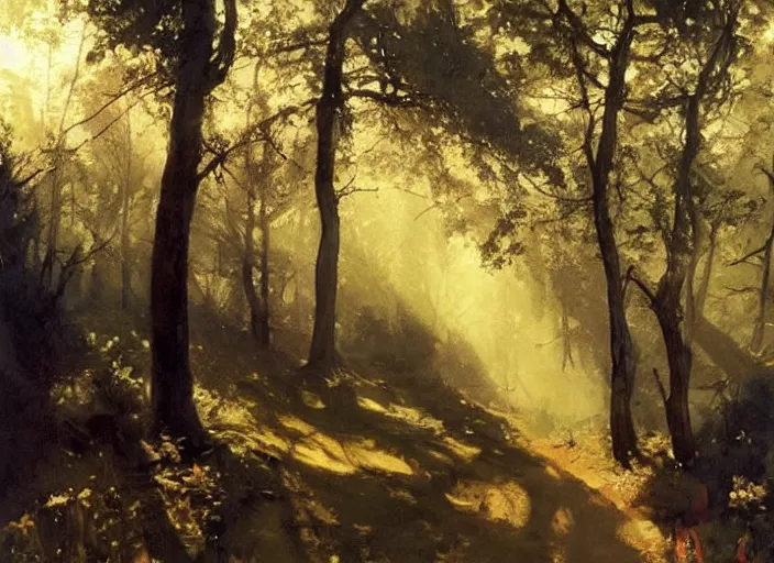 Image similar to oil painting of medieval forest path in dawn by anders zorn, wonderful art by greg rutkowski, incredible lighting, shadows, beautiful cinematic light, american romanticism by greg manchess, tall rocky mountains and storm clouds, sun rays, sunshine, bright sunny summer day, stone walls