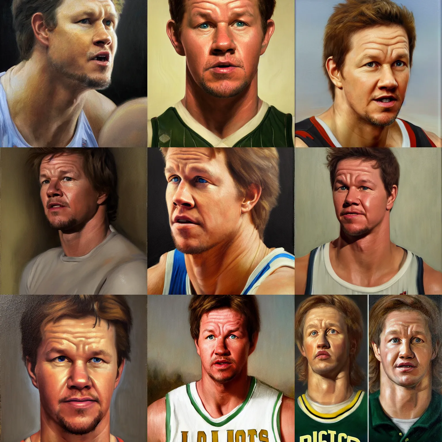 Prompt: portrait of mark wahlberg portrays larry bird, facial close up, oil on canvas by william sidney mount - 1 8 3 3, trending on artstation