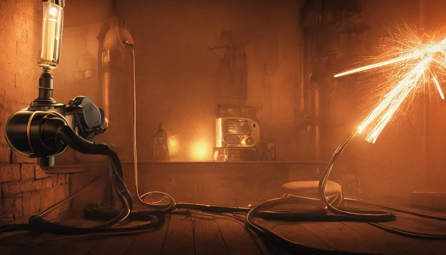 Prompt: A glowing electrical Steampunk vacuum cleaner in a victorian museum, james gurney, cinematic lighting, lots of steam and sparks, wires made of copper, artstation, vibrant nature, Tuomas Korpi, tekkon kinreet, volumetric light, artstation, , octane render, redshift render, low angle camera, rich deep moody colors