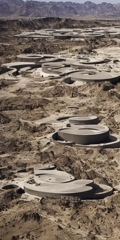 Image similar to neo brutalist herzog & de meuron bioremediation architecture in the mining tailing in the desert