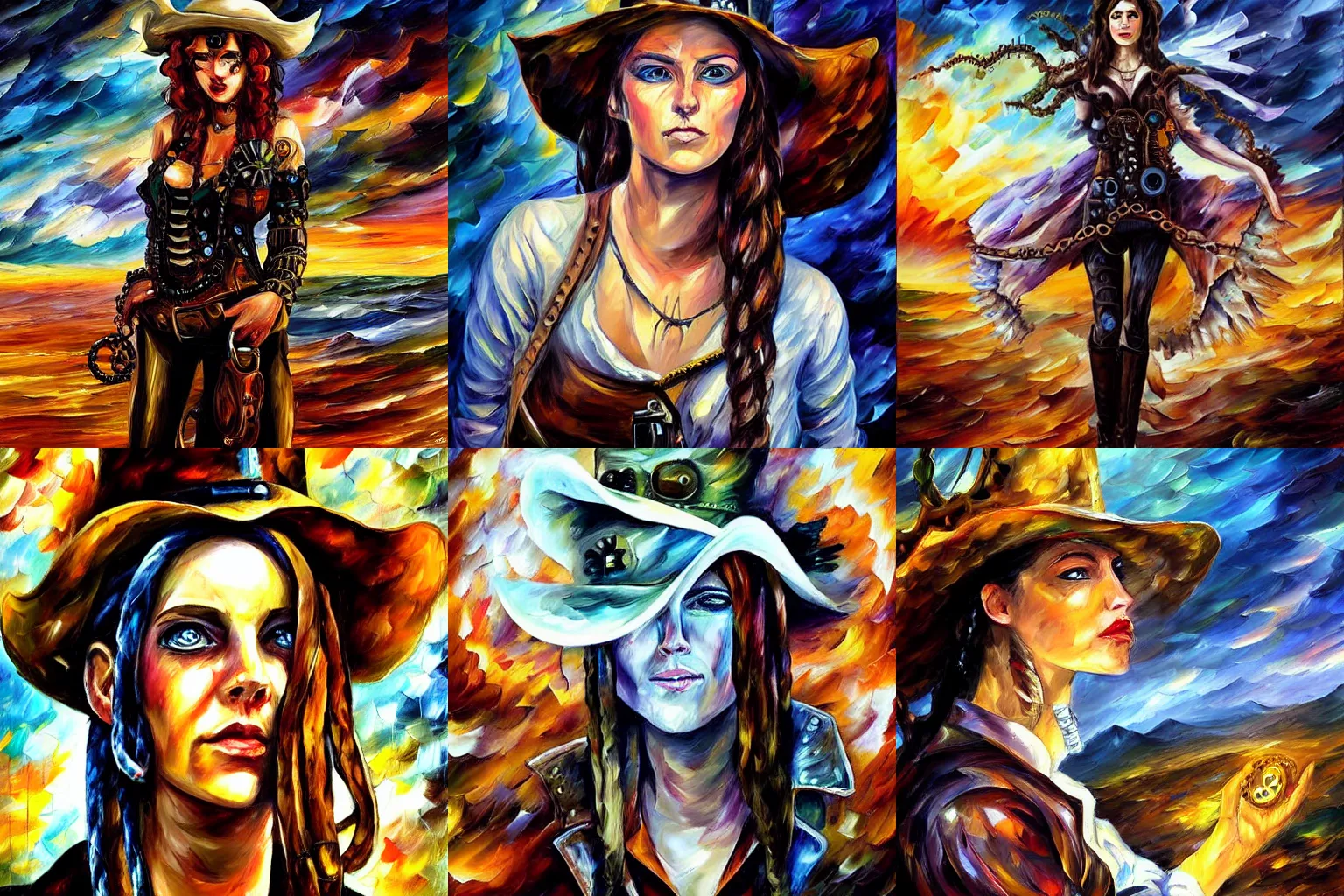 Prompt: portrait of a corrupted eldritch cowgirl in a scenic environment by leonid afremov, steampunk, lovecraftian, oldwest, beast, abomination, corruption, eyes