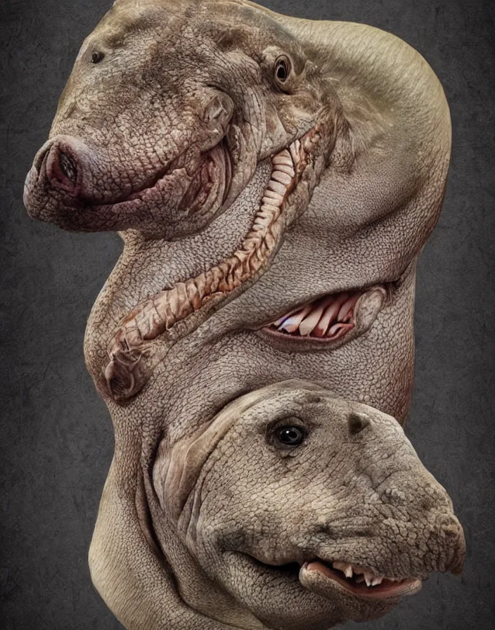 Image similar to portrait of muscular animal human merged head dolphin skin, solid background, scales skin dog, merged monkey head, hippo face morphed, gills, horse head animal merge, morphing dog head, animal eyes, merging crocodile head, anthropomorphic creature