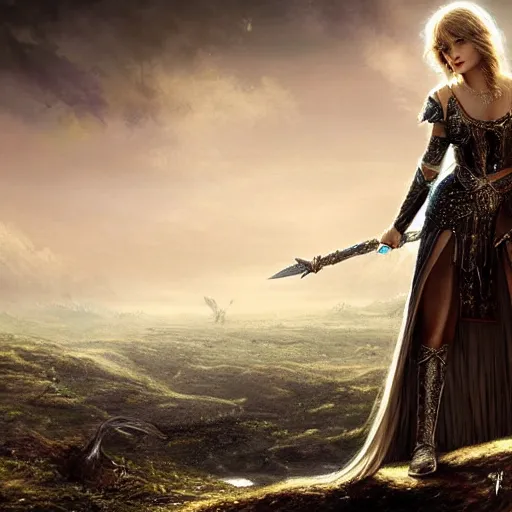 Image similar to the picture of taylor swift in a knight armor, epic fantasy art, mystical, mystic atmosphere, mythology, photo realistic, high detail, ultra realistic, hyper realistic, high definiton, 4 k uhd,