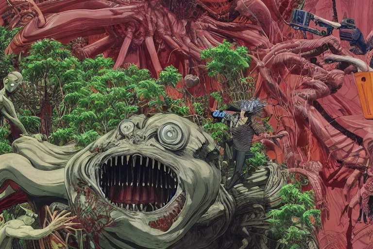 Prompt: attack on titan, longshot, large computer with lots of power and a big aquarium, trees, flowers by francis bacon, exotic vegetation, tristan eaton, victo ngai, triadic color scheme, edward hopper, a still from the film alien, indi sulta, beksinski, nicola samori, hyperrealism, intricate detailed, risograph