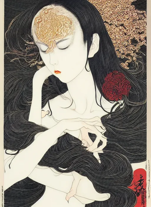 Prompt: pop surrealism, muted colors seductive female, long hair, art by takato yamamoto, trevor brown