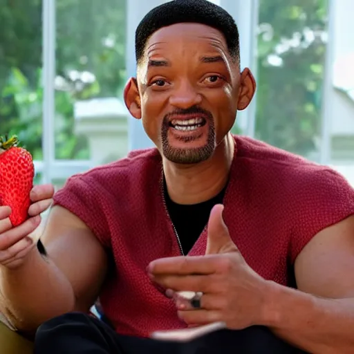 Prompt: will smith relaxed watching the world apocalypse while eating a strawberry ice cream